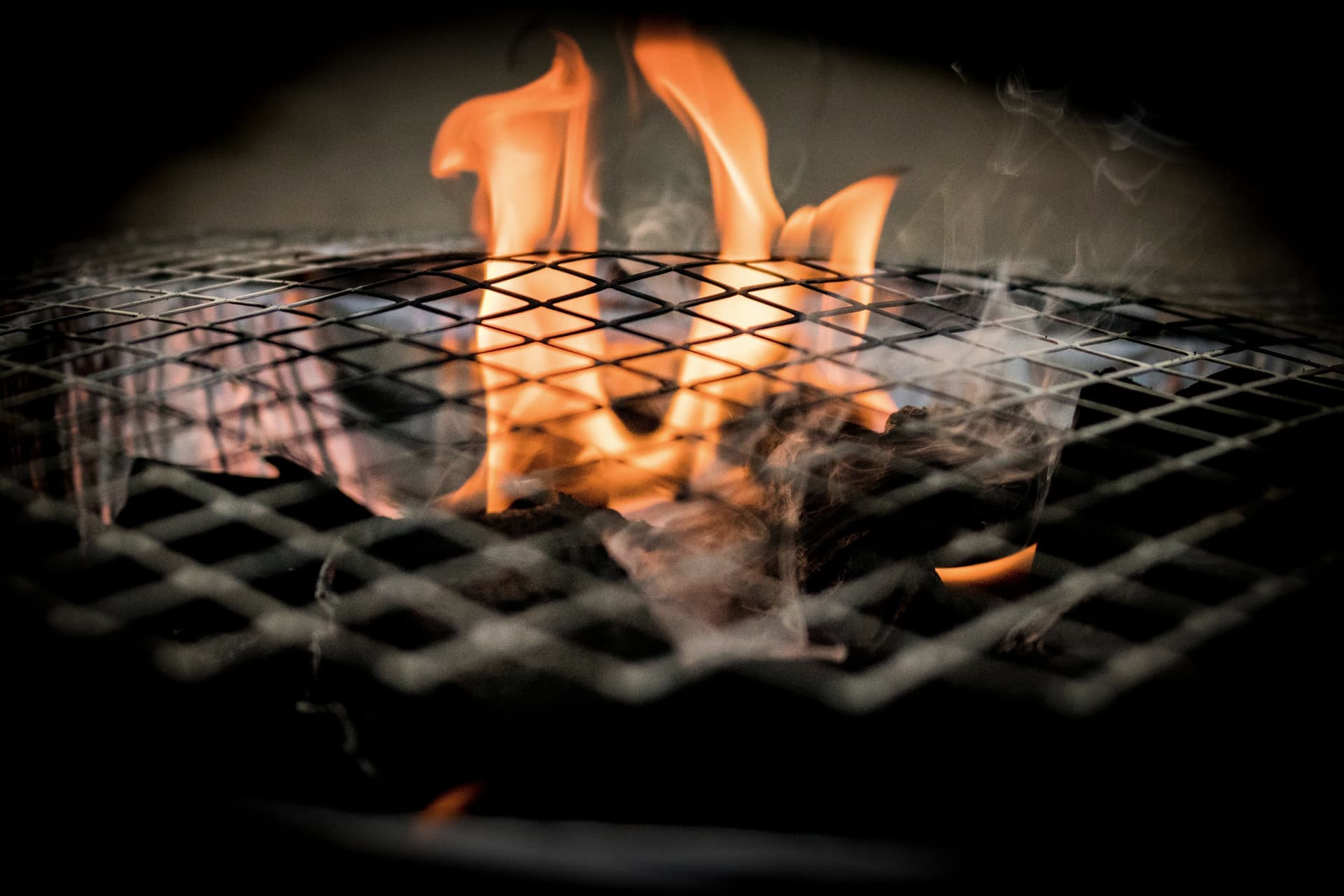 Food cooking over glowing charcoal on an outdoor grill